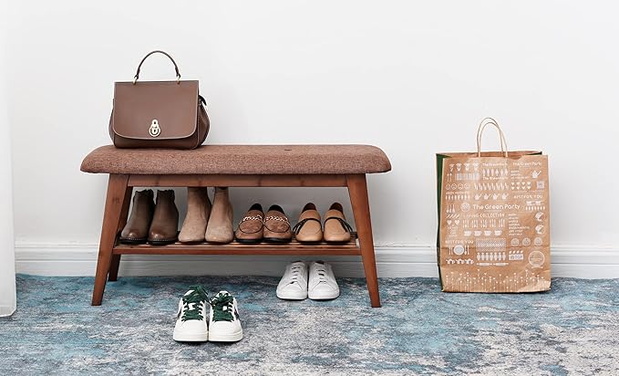 Shoe Entryway Bench, Bamboo Shoe Rack Bench, Organizer with 2 Tier Storage Simple Style Good Load Bearing, Ideal for Entryway Hallway Living Room,(Brown,35.4'')-NeatNest