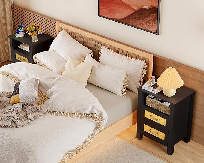 JUMMICO 26.18" End Table with Charging Station and Rattan Drawers, Farmhouse Nighstand, Wooden Storage Bedside Table, Living Room, Bedroom(2, Black Oak)