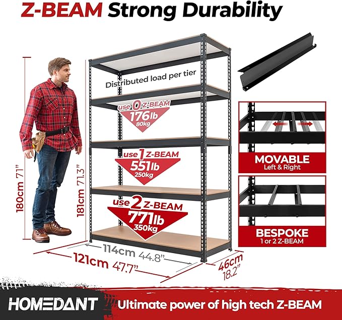 HOMEDANT 5 Tier Laminated Boltless Heavy Duty Garage Storage Adjustable Wide Size Metal Shelving Unit Utility Rack Shelves Organization Shelf Shed Warehouse 47.7" W x 18.2" D x 71.3" H 10Pack-NeatNest