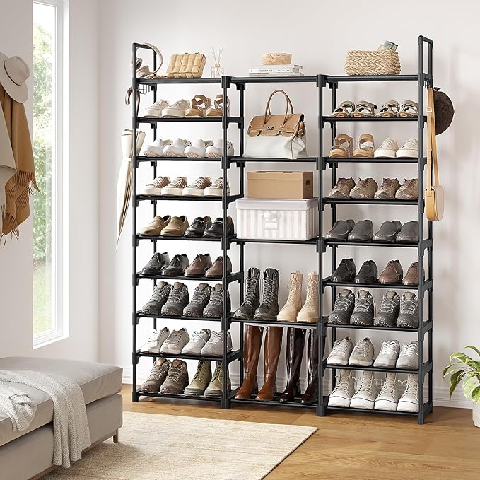 WOWLIVE 9 Tiers Large Shoe Rack Storage Organizer for Closet 50-55 Pairs Shoe Tower Unit Shelf Stackable Shoe Rack with Metal Pipes Plastic Connectors Black(SSS3B9)-NeatNest
