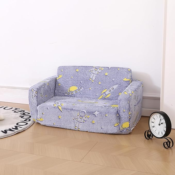 Foldable Kids Sofa,Soft Kids Fold Out Couch Glow in The Dark,Convertible Sofa to Lounger Toddler Sofa Chair(Space-NeatNest