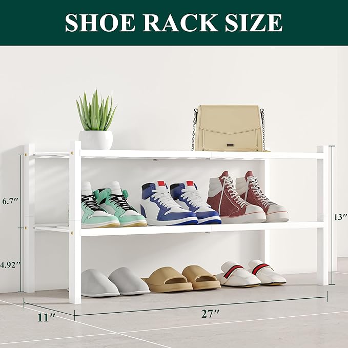 Smiry Shoe Rack, 2 Tier Bamboo Shoe Organizer, Stackable Free Standing Wooden Shoe Storage Shelf for Closet, Entryway, Front Door Entrance, White-NeatNest