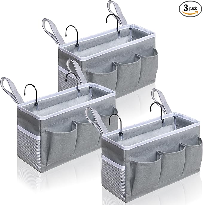 3-Piece Bedside Caddy Storage Organizer with Pockets for Bedrooms, Loft Beds & Top Bunk Beds (Gray)-NeatNest