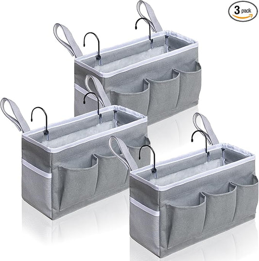 3-Piece Bedside Caddy Storage Organizer with Pockets for Bedrooms, Loft Beds & Top Bunk Beds (Gray)-NeatNest