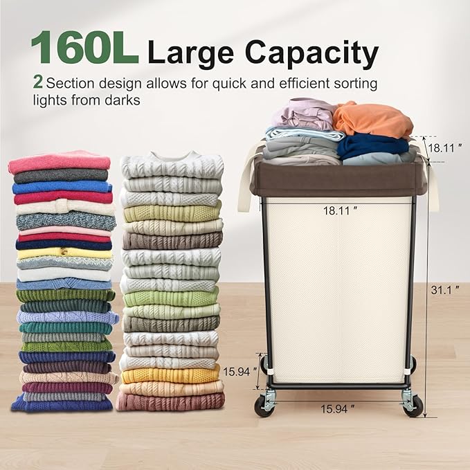 160L Laundry Basket with Wheels, 2 Section Large Rolling Laundry Hamper Bag with Wheels, Clothes Hamper Cart for Laundry, Bedroom, Bathroom and Dorm