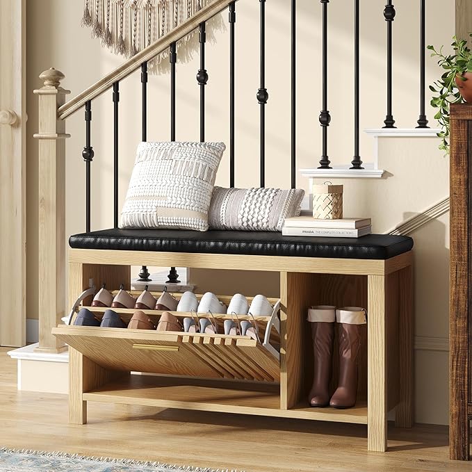 40" Shoe Storage Bench with Flip Drawers & Padded Seat Cushion, Adjustable Shelf, Slatted Doors Entryway Bench Shoe Cabinet with Bench for Entryway Living Room Bedroom, Natural