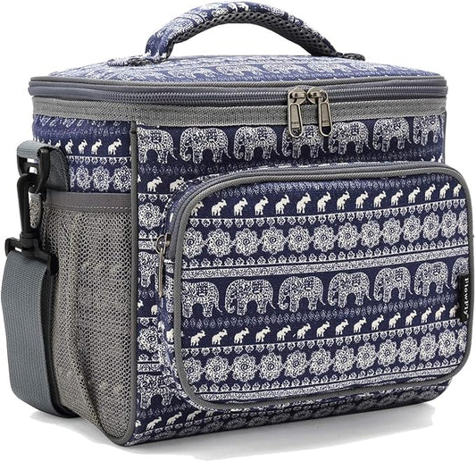 FlowFly Insulated Reusable Lunch Bag Adult Large Lunch Box for Women and Men with Adjustable Shoulder Strap,Front Zipper Pocket and Dual Large Mesh Side Pockets,Elephant-NeatNest