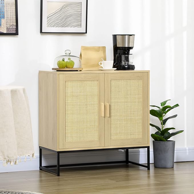HOMCOM Accent Cabinet, Boho Storage Cabinet with Rattan Doors, Adjustable Shelf and Metal Base, Sideboard for Living Room, Kitchen, Natural