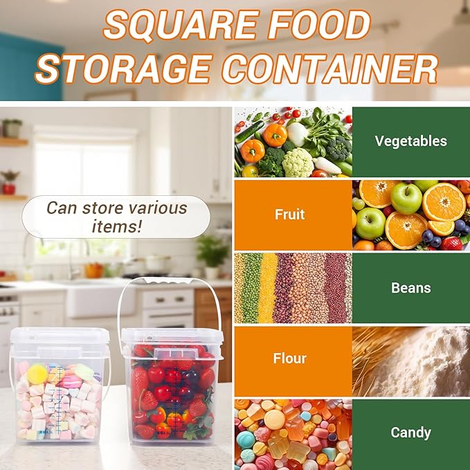 1Gal Clear Square Bucket with Airtight Lids, BPA-Free Food Storage Container for Kitchen Pantry, Meal Prep, Snack, Rice, Flour, Pet Food - Transparent Bucket with Scale Marks (2x4 Qt, 2x1 Qt)