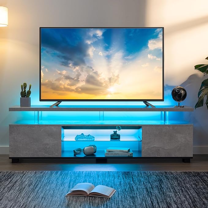 Grey TV Stand for Living Room,Glass TV Stands,LED TV Stand for 75+ inch TV,Long TV Stand for Living Room,Bedroom,Home Office-NeatNest