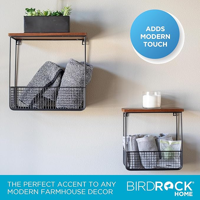BIRDROCK HOME 2pc Floating Shelves with Basket - Wood Metal Wall Storage Shelf - Decorative Hanging Baskets for Bathroom, Bedroom, Living Room - Rustic Farmhouse - Small & Large - Black/Brown