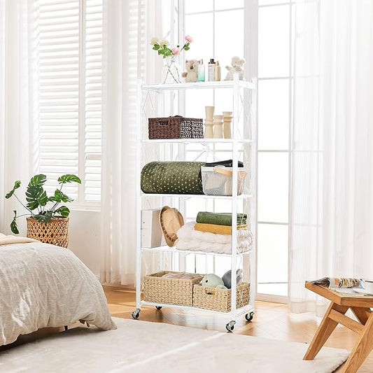 BRIAN & DANY 5-Tier Foldable Storage Shelves with Wheels, Folding Metal Rack Shelving Unit, Heavy Duty No Assembly Organizer Shelf for Garage, Kitchen, Basement, Pantry, White-NeatNest