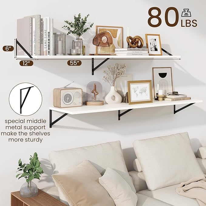 Fun Memories Floating Shelves for Wall, 12 Inch Deep Floating Shelves Set of 2, 55W x 12D Large Wall Shelf with Sturdy Metal Brackets for Living Room, Bathroom, Bedroom and Kitchen, White-NeatNest