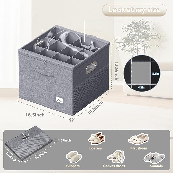 2 Pack Shoe Organizer for Closet Large Shoe Box Storage Containers with Clear Window Space Saving Shoe Bin with Foldable Bottom Support Adjustable Dividers Fits 32 Pairs (Grey, (16.5*16.5*13in)*2)-NeatNest