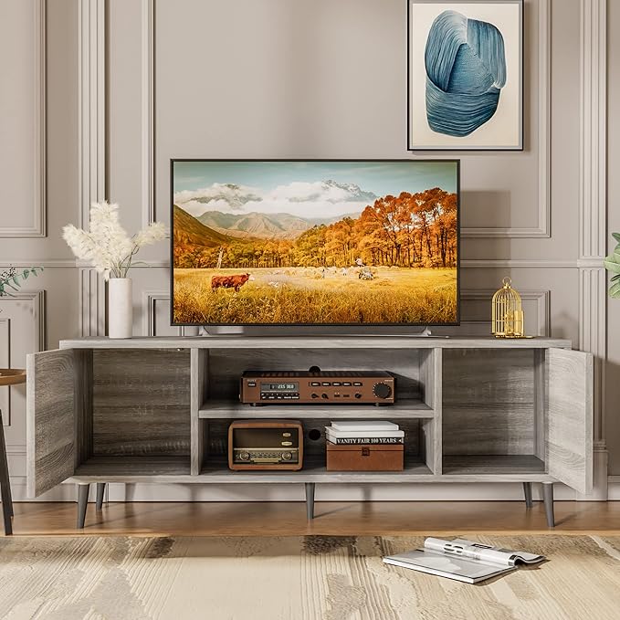 JUMMICO TV Stand for 65 Inch TV, Mid Century Modern TV Stand, Entertainment Center with Storage Cabinet and Open Shelves, TV Console Table Media Cabinet for Living Room, Bedroom and Office (Gray)-NeatNest