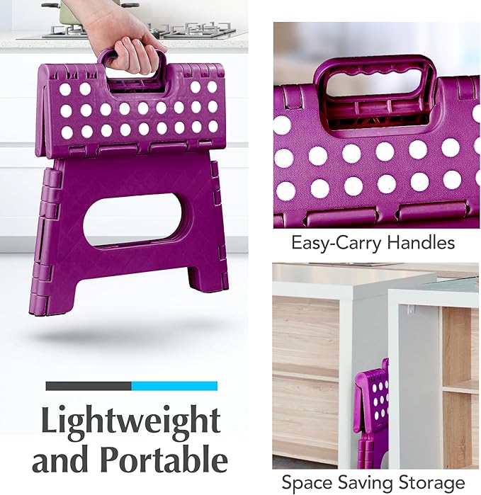 Handy Laundry Folding Lightweight Step Stool - Sturdy Enough to Support Adults and Safe Enough for Kids - Opens Easy with One Flip - Great for Kitchen, Bathroom or Bedroom (Purple | 2-Pack)