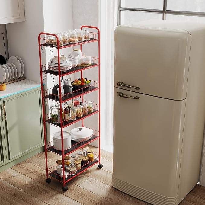 6-Tier Storage Cart Wire Slim Shelving Shelf with Wheels for Small Spaces, Rolling Tall Organizer Storage for Bathroom, Kitchen, Home, Garage, Bedroom, Closet (Red, 10“D)
