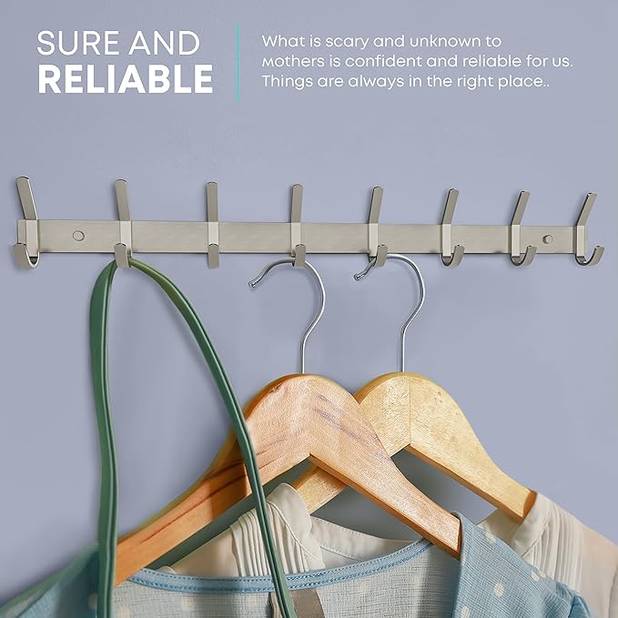 Coat Rack Wall Mount – Brushed Nickel 24 Inch Stainless Steel Hook Rail with 8 Heavy Duty Double Coat Hooks – Wall Mounted Coat Hanger for Entryway, Bathroom, Bedroom, Towel, Hat Organizer - 2 Pack-NeatNest