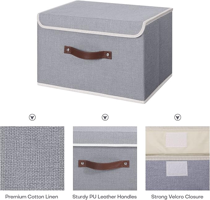 ANMINY 2PCS Storage Bins with Lid PU Leather Handles Storage Boxes PP Plastic Board Decorative Foldable Lidded Cotton Linen Fabric Home Cubes Baskets Closet Organizer Containers - Gray, Large Size-NeatNest
