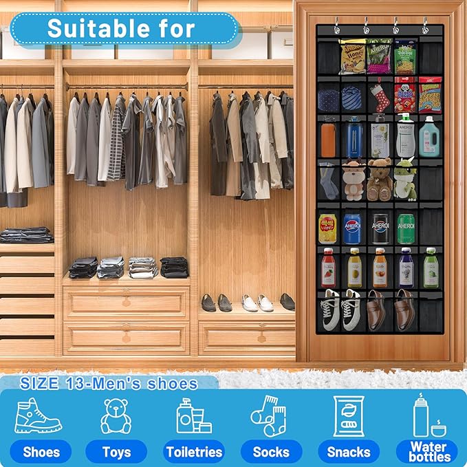 Aheroi 35 Pockets Large Over the Door Organizer, Breathable Mesh Pockets Hanging Shoe Organizer, Black Door Shoe Organizer Mesh Closet Shoe Holder Hanger Holds Up to 40 lbs, Space Saving Shoe Rack