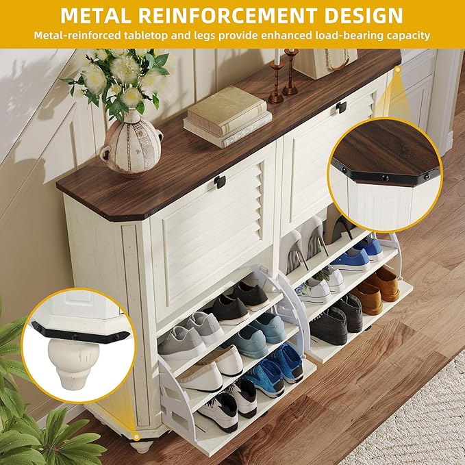 DWVO Shoe Cabinet with 4 Flip Drawers, Farmhouse Shoe Rack with Shutter-Doors, Wooden Entryway Shoe Storage Organizer, Rustic Hidden Shoe Cabinet for Foyer, Hallway, Living Room, White-NeatNest
