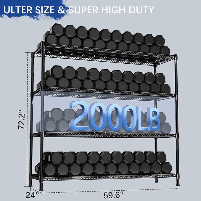 GIOTORENT 59.6" W x 24" D x 72.2" H Heavy Duty Storage Shelves, 2000LB Capacity Metal Shelving with 1IN Adjustable Height, Garage Shelving for Home, Warehouse & Commercial Use, Black