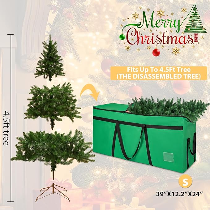 4.5 ft Christmas Tree Storage Bag, Heavy Duty Christmas Tree Bag with Reinforced Handles and Dual Zippers Wide Opening, Large Capacity fits for Artificial Christmas Tree (Green, 4.5 ft)-NeatNest