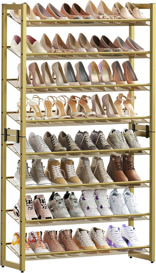 SONGMICS Shoe Rack, 8-Tier Shoe Organizer, Metal Rack for Garage, Set of 2, 4-Tier Stackable Shelf, with Adjustable Flat or Angled Shelves, 32-40 Pairs, Pale Gold ULMR08A02-NeatNest