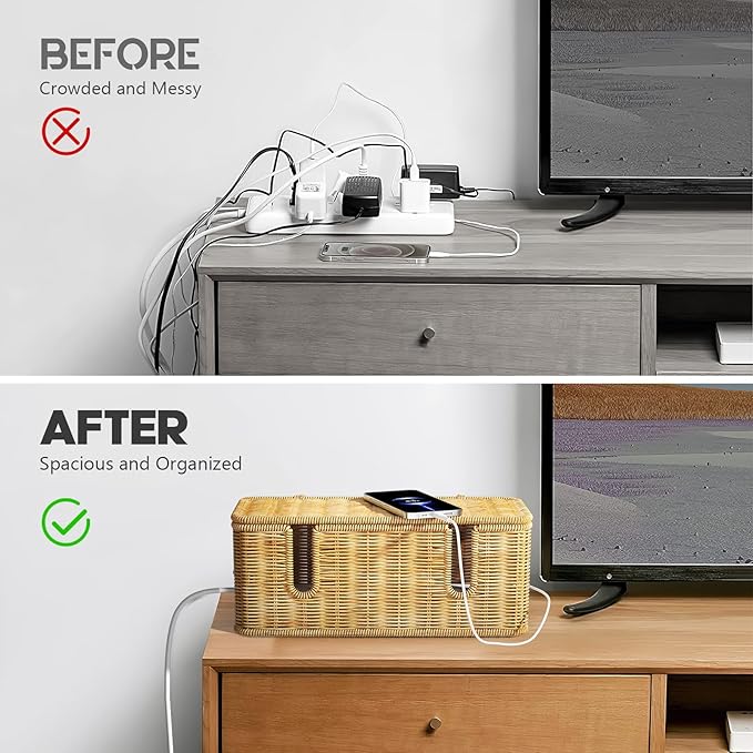 Cable Management Box,2 Open Slots Cord Organizer Hider Box with Lid,2 Pack Handwoven Imitation Rattan Cable Organizer Box for TV Wire Computer Router & Power Strip-B Style(Light Brown)