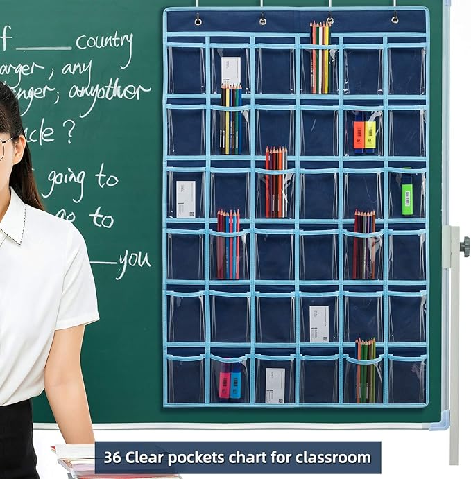 36 Clear Pockets Classroom Pocket Chart for Cell Phone and Calculator Holder, Door Hanging Pocket Chart for Classroom Phone Holder with Number Sticker and Hooks (Blue)-NeatNest