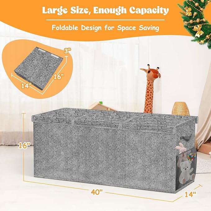 Extra Large Toy Box, Toys Chest for Toddlers with Lids, Collapsible Toy Storage Organizer, Kids Bin Boxes Storage Basket for Boys, Girls, Nursery, Living Room, Playroom, 40"x14"x16", Gray
