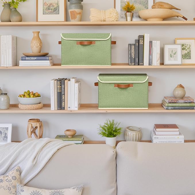 GRANNY SAYS Storage Baskets with Lid, Decorative Storage Boxes, Keepsake Memory Box, Shelf Baskets for Closet, Green, Large, 2-Pack-NeatNest