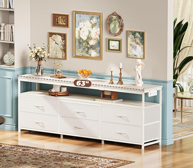 Huuger 63 Inch TV Stand for 55, 65, 70 Inch TV, Long Dresser TV Stand for Bedroom, White LED TV Stand with Power Outlets, Fabric Drawer Dresser with Storage, Entertainment Center for Living Room-NeatNest