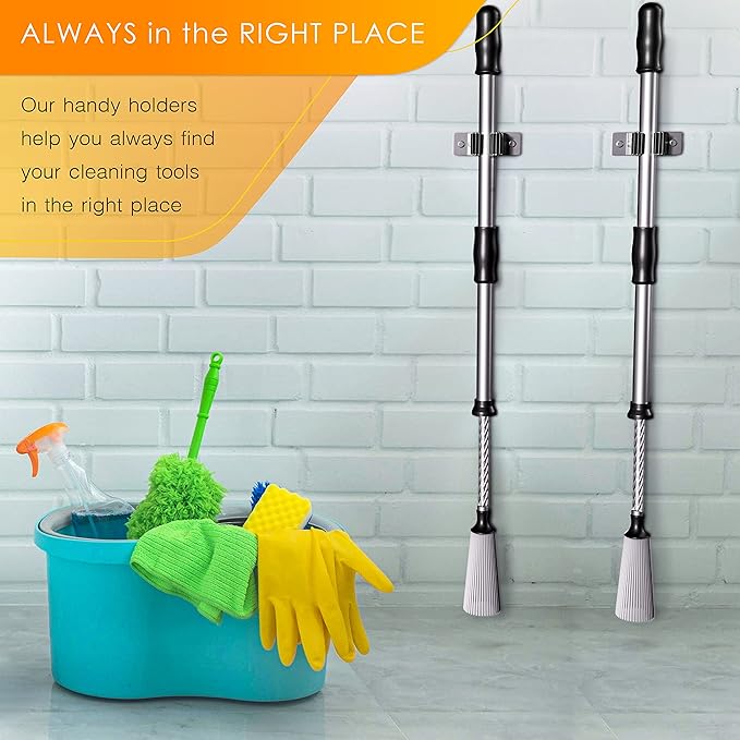 Self Adhesive Broom and Mop Holder Wall Mounted – SUS304 Stainless Steel 2-Slot Organizer with Anti-Slip Rubber Grips, 25lb Load, Adjustable for 0.6–1.4" Handles, Garage Kitchen Bathroom Use, 3 Pcs-NeatNest