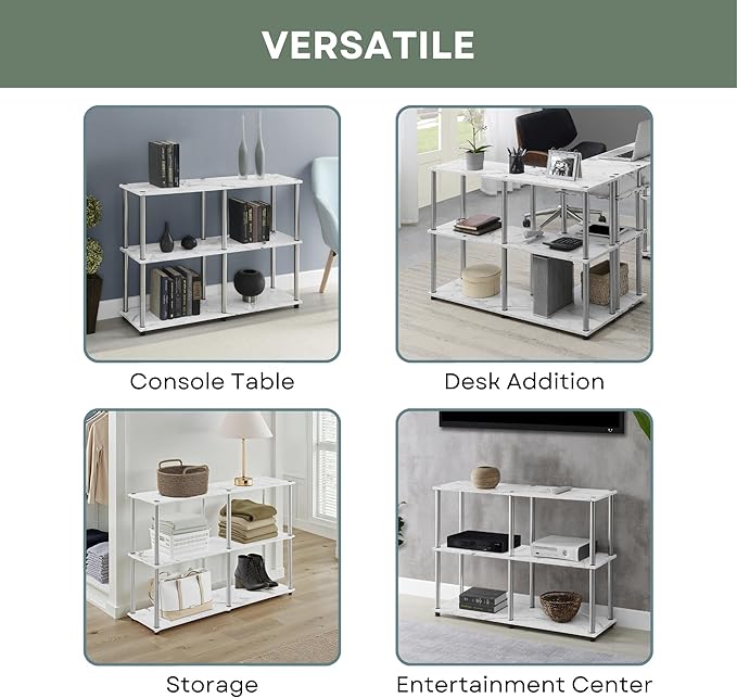 Convenience Concepts Designs2Go No Tools 3 Tier Wide Console Table 42" - Modern Accent with Shelves for TV Media Center, Office Desk Extension, Entryway Display, & Home Storage, White Faux Marble-NeatNest