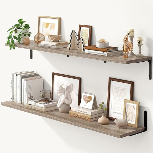 Fun Memories Deep Floating Shelves, 48W x 8D Floating Shelves Set of 2, Wall Mounted Shelf with Metal Brackets, Rustic Wood Wall Shelf for Bathroom, Kitchen and Living Room, Grey-NeatNest