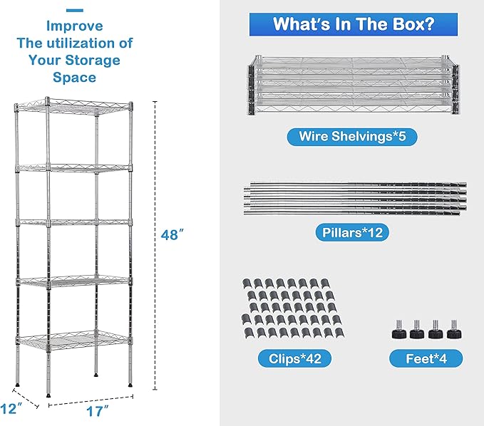 5-Tier Metal Wire Shelving Unit Snack Shelf Height Adjustable Storage Rack NSF Certified Storage Shelves 750 Lbs Capacity Standing Utility Shelf for Laundry Kitchen Pantry Garage Organization