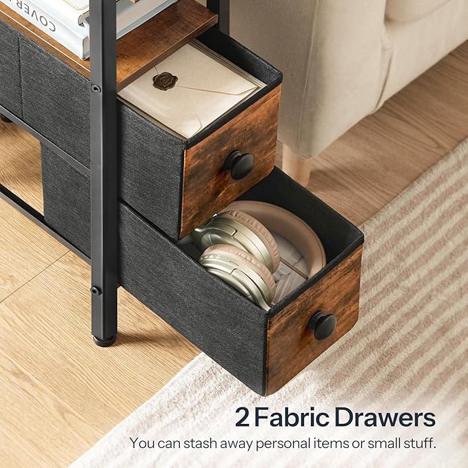 HOOBRO Narrow Side Table with LED Light and USB C Port, Night Stand with Charging Station, Skinny End Table with 2 Fabric Drawers, for Bedroom, Living Room, Rustic Brown and Black BF487UDBZ01