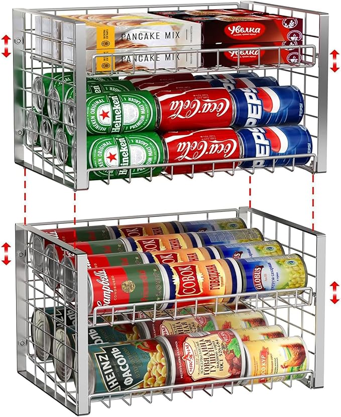 JKsmart 2-Tier Stackable Can Rack Organizer for Pantry, Adjustable Can Dispenser Holds Up to 62 Cans, Can Storage Holder for Various Ounces of Canned Food Soda Drinks, Silver, 2 Pack (Petent Pending)-NeatNest