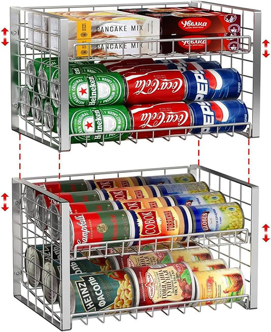 JKsmart 2-Tier Stackable Can Rack Organizer for Pantry, Adjustable Can Dispenser Holds Up to 62 Cans, Can Storage Holder for Various Ounces of Canned Food Soda Drinks, Silver, 2 Pack (Petent Pending)-NeatNest