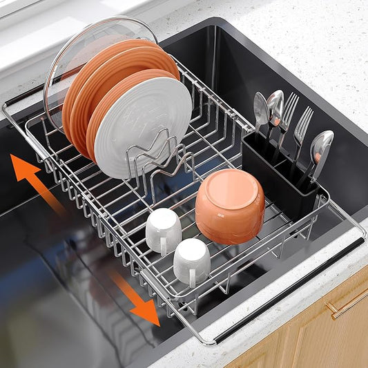 romision Dish Drying Rack in Sink, Expandable (13.1"-16.6" D) Stainless Steel Dish Drainers for Kitchen Sink, Retractable Over Sink Dish Rack Drying Rack with Utensil Holder, Silver