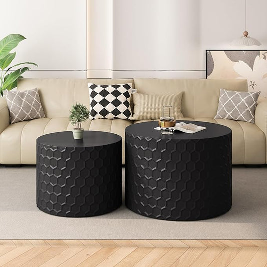 kevinplus Black Round Nesting Coffee Table Set of 2, Modern Circle Drum Coffee Table Side Table End Table for Living Room, Wood Circle Coffee Table Contemporary Coffee Table Set, No Assembly, Black