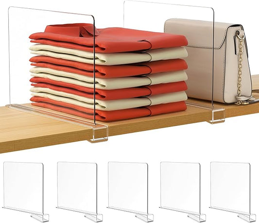 HBlife 5 Pack Clear Shelf Dividers, Vertical Purse Organizer for Closet Perfect for Sweater, Shirts, Handbags in Bedroom and Kitchen, Adjustable Acrylic Bookshelf for Organization-NeatNest