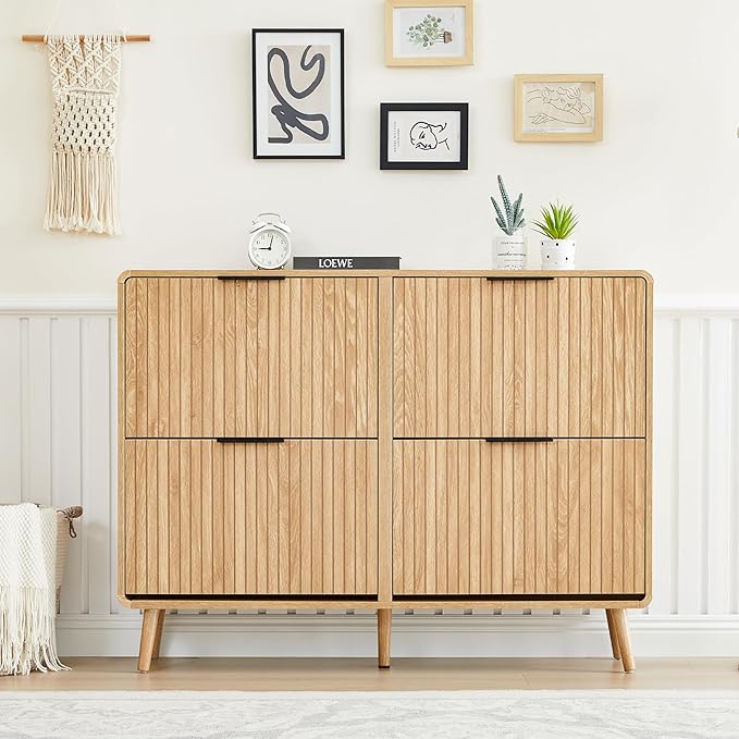 47" Fluted Large Shoe Cabinet with 4 Flip Drawers, Slim Freestanding Shoe Cabinet Organizer, Narrow Shoes Storage Rack for Entryway (Natural, 9.45" D x 47.24" W x 35.83" H)