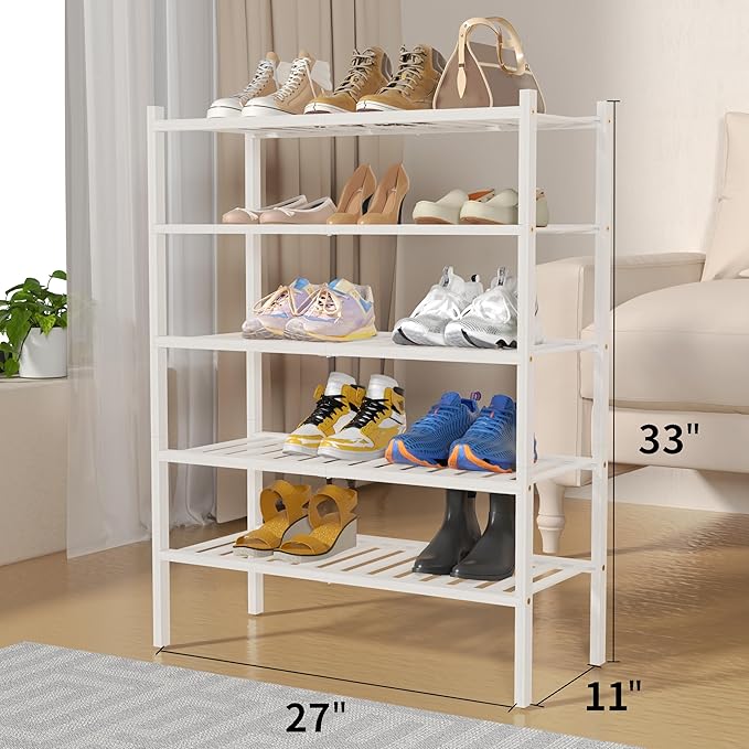 5 Tier Bamboo Shoe Rack for Closet Free Standing Wood Shoe Shelf for Entryway Small Space Stackable 27"x11"x33" (White)-NeatNest