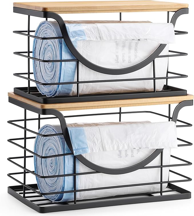Extra Large Trash Bag Holder Under Sink 2 Pack Stackable Kitchen Storage with Bamboo Lid, Garbage Bag Dispenser Roll Holder, Pantry Organizers Wall Mounted Laundry Room Organization Storage-NeatNest