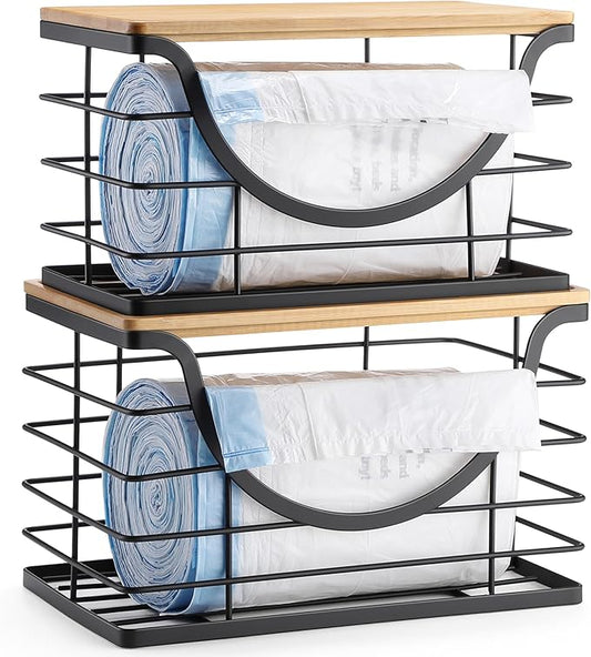 Extra Large Trash Bag Holder Under Sink 2 Pack Stackable Kitchen Storage with Bamboo Lid, Garbage Bag Dispenser Roll Holder, Pantry Organizers Wall Mounted Laundry Room Organization Storage-NeatNest