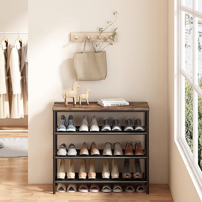Shoe Rack Organizer 5 Tier Metal Organizer Shelf with Industrial MDF Board and Layer Fabric for Entryway Closet Bedroom Living Room Garage,Black & Rustic Brown (Black+Rustic Brown, 4 Tier)-NeatNest