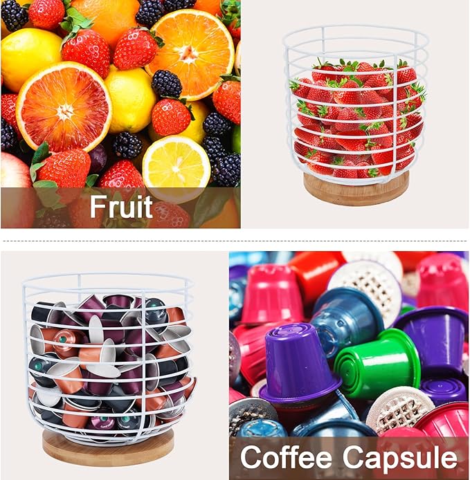 2pcs K Cup Holder Organizer - Coffee Pods Storage Organizer - Coffee Bar Accessories - Large Capacity Black Wire Kup Storage with Bamboo Base (White)-NeatNest