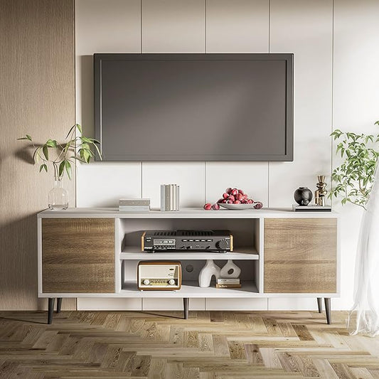 JUMMICO TV Stand for 65 Inch TV, Mid Century Modern TV Stand, Entertainment Center with Storage Cabinet and Open Shelves, TV Console Table Media Cabinet for Living Room, Bedroom and Office (Oak)-NeatNest